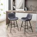 Counter Height Bar Stools, Modern Velvet Barstools Set of 2 with Black Legs and Fabric Seat and Back for Kitchen Island, Grey, Large