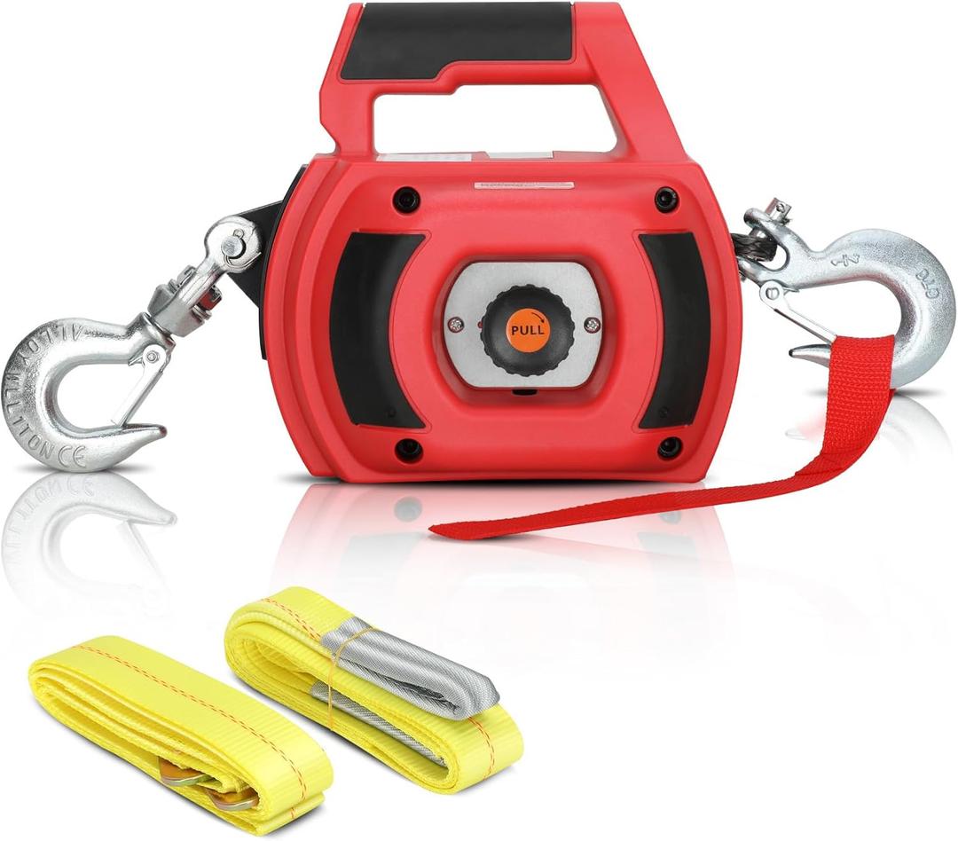 Portable Drill Winch of 1500 LB, Red Handheld Drill Winch with 40 Foot Synthetic Rope, Rotate The Hook 360 Degrees, for Lifting & DraggingDown Strap with D Rings
