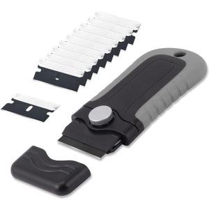 Gomake Locking Razor Blade Scraper with Safety Cap, Glass Cooktop Scraper with 10PCS Black Carbon Steel Blades for Glass Clean, Paint and Old Label,Decal Sticker Remover, Stove Top Scraper Tool