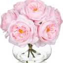 Hollyone Pink Roses Peonies Artificial Flowers with Glass Vase Silk David Austin Roses Faux Flowers Arrangements with Clear Faux Water in Vase Fake Peonies Rose Peony Floral Bulk Bouquet Home Decor