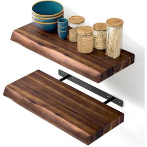 17” Acacia Live Edge Floating Shelves, Wooden Floating Shelves for Wall - Floating Book Shelves, Book Shelf for Bathroom, Kitchen - Wall Mounted Shelf for House Decor (Walnut Color)