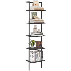 5-Tier Ladder Shelf, Wall Mounted Ladder Bookshelf with Metal Frame, Wood Tall Open Storage Rack and Display Shelves for Home Office Bedroom Living Room, Black