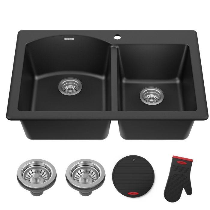 Black Kitchen Sink, 60/40 Double Bowl Sink 33x19x9 Inch Stainless Steel Drop In Kitchen Sink Undermount Large Kitchen Sink Combo-Sink Grid, Silicon Mat, Sink Clips For Modern SS Stylish Kitchen