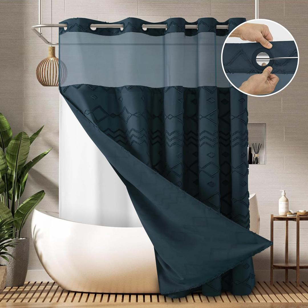 No Hooks Shower Curtain with Snap-in Liner, Navy Boho Tufted Chevron Striped Textured Shower Curtains for Bathroom, Water Repellent Luxury Shower Curtain, 72Wx74H