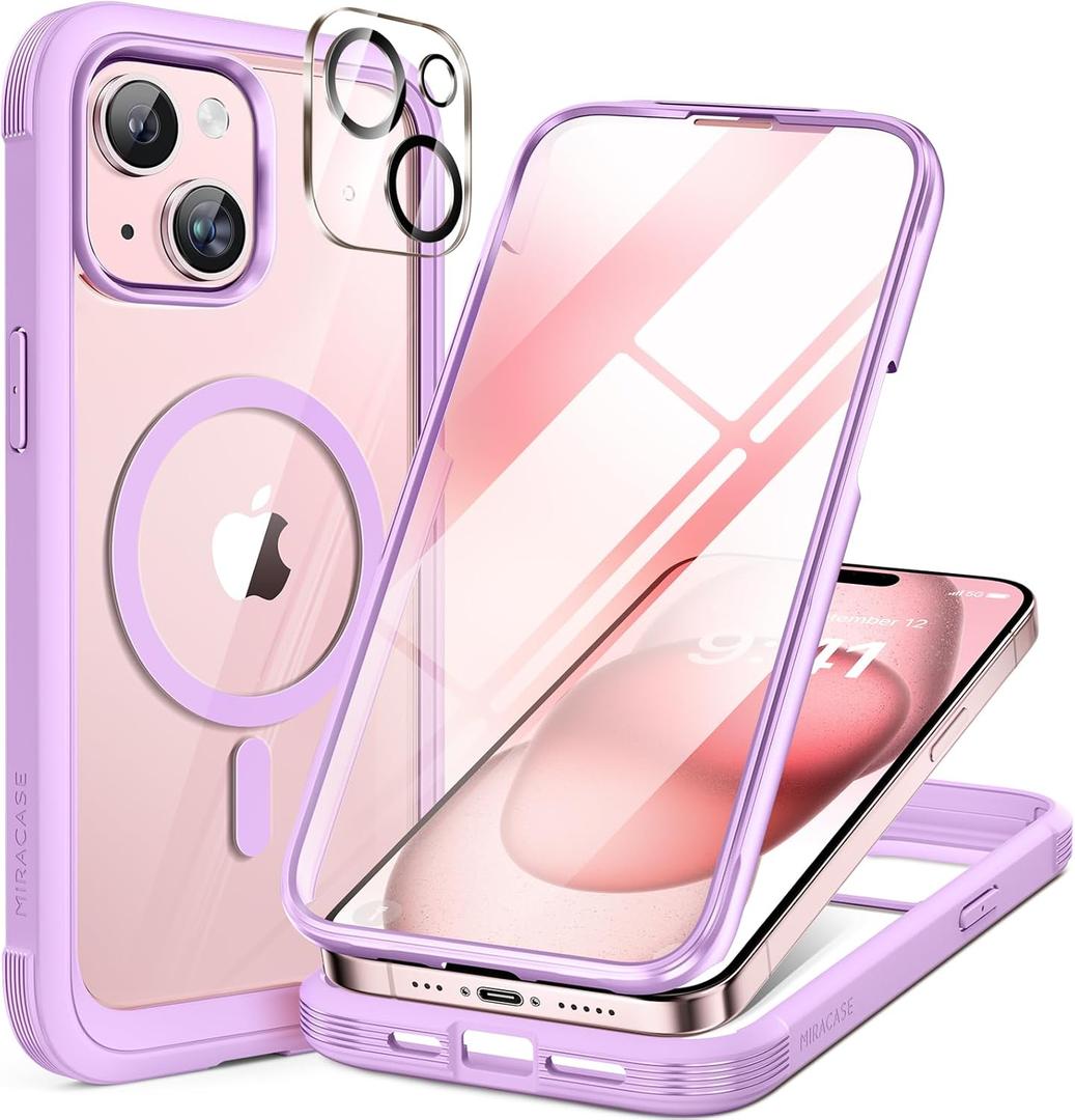 Miracase Magnetic for iPhone 15 Plus Case 6.7'' [Compatible with Magsafe] Full-Body Military Drop Proof 15 Plus Phone Case Cover with Built-in 9H Tempered Glass Screen Protector,Light Purple