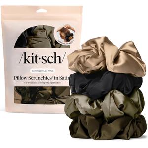 Kitsch Pillow Satin Scrunchies for Women - Hair Ties No Damage, No Crease Hair Accessories | Perfect for Day or Night - Black, 4pcs
