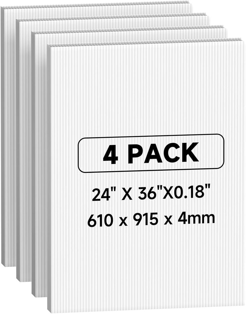 24 x 36 Inches 4 Pack Corrugated Plastic Sheet, 4mm Thick Corrugated Plastic Board, White Blank Poster Board, Waterproof Coroplast Sheets for Indoor, Outdoor Use and DIY Projects.