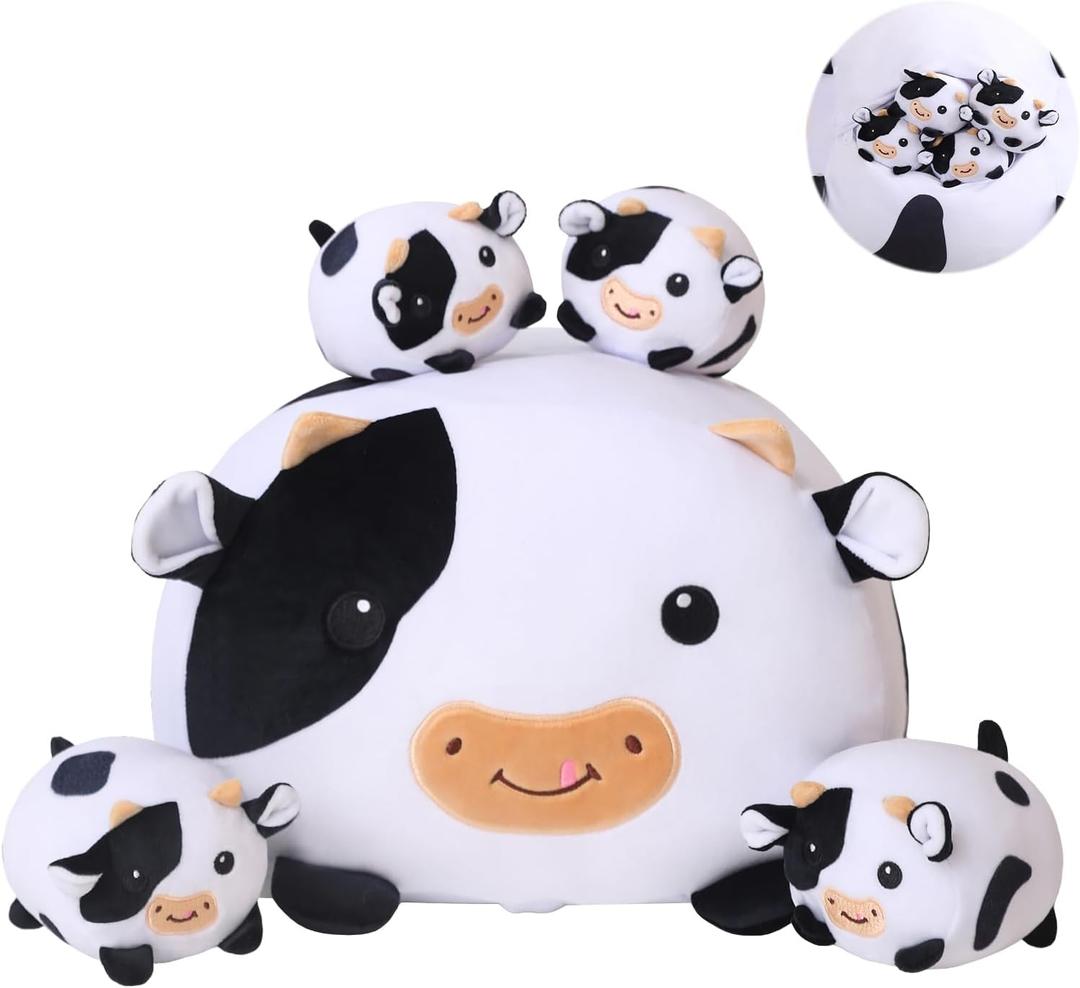 SQEQE Cow Stuffed Animal 5 in 1, Cute Cow Plush Bedtime Toys, Ultra Soft Dairy Cattle with 4 Babies Inside, Milk Cows Soft Plushies Pillow Gift for Kids Birthday Christmas Valentine's