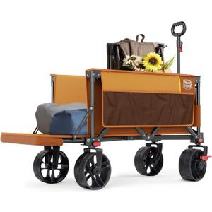 TIMBER RIDGE 47" L Collapsible Wagon with Tailgate & Brake, 300lbs Heavy Duty Beach Wagon with All-Terrain Big Wheels, 250L Foldable Utility Cart for Sand Camping Sports Shopping, Orange