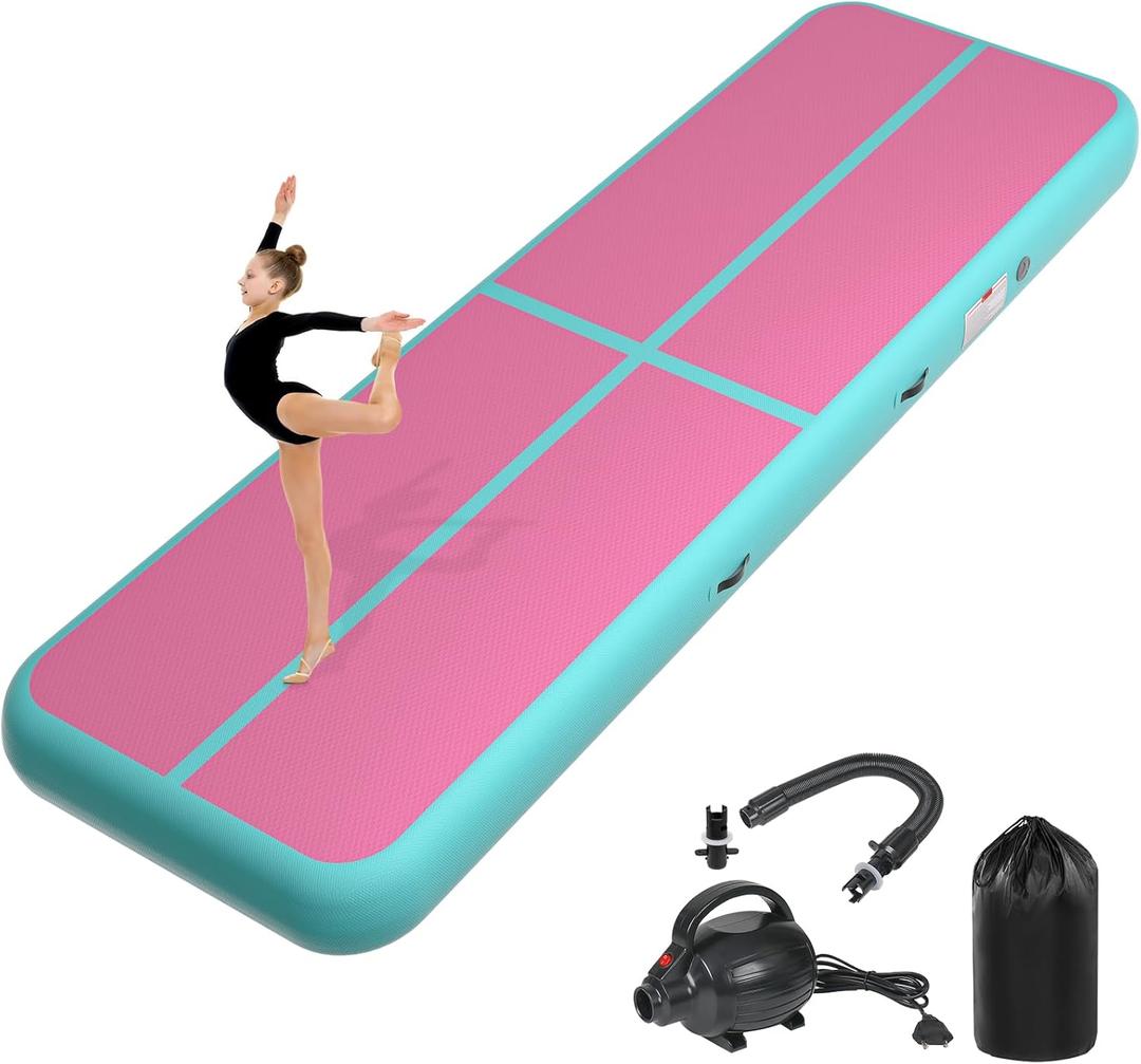 Inflatable Air Gymnastics Tumbling Mat 6ft 10ft 13ft 16ft 20ft, Air Tumble Track Mat 4/8 inches Thickness with Electric Air Pump for Home Use Training Cheerleading Yoga Water Beach Park (Pink Green)