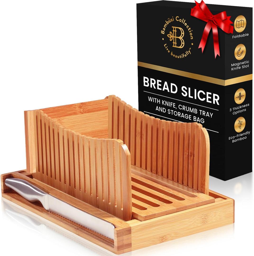 Bread Slicer for Homemade Bread - Adjustable Bamboo Bread Cutter with Knife, Foldable Slicing Guide & Crumb Tray - Bread Loaf Slicer for Sourdough, Cakes, Bagels, Loaves - Kitchen Gadgets Baking Gifts