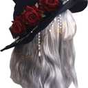 Halloween Witch Hat Head Ornament Headwear with Rose Big Bow Decoration Hat Cosplay Party Props (Colorc)