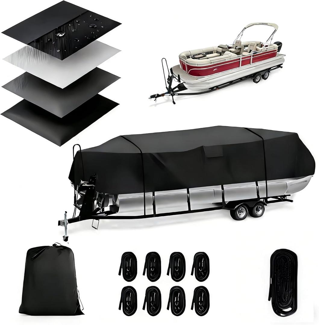Heavy Duty 900D PU Pontoon Boat Cover, 24'3-26'2 Trailerable Marine Grade Boat Cover Adjustable Windproof Straps & Waterproof Resist Strong Sunlight for SunTracker Party Barge/SPORTFISH/Fishin Barge