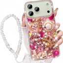 for iPhone 17 Pro Max Case with Wrist Strap Lanyard for Women Girls 3D Bling Shiny Rhinestone Diamond Crystal Pearl Handmade Glitter Cute Cover Phone Case 6.9'', Hot Pink
