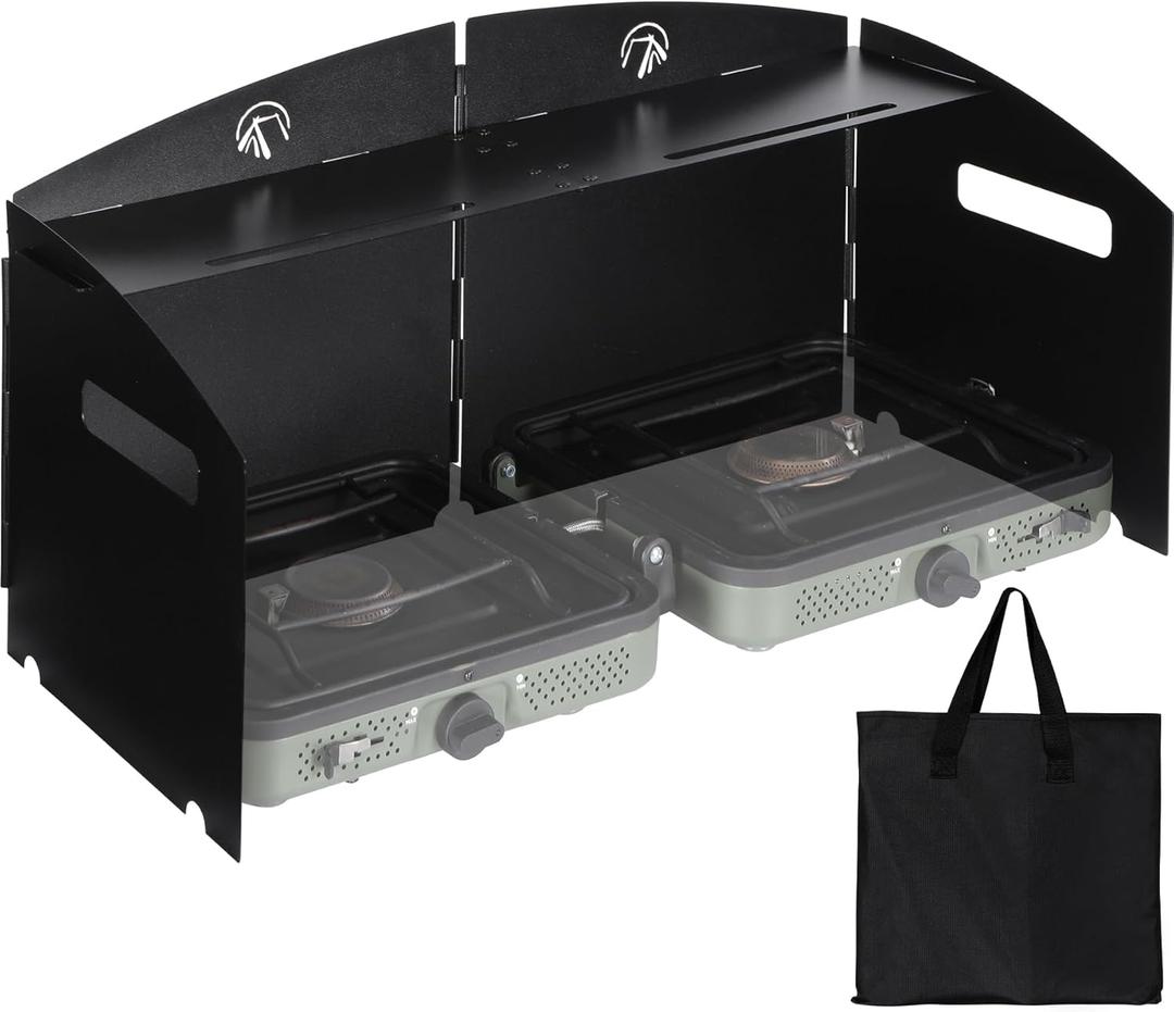 REDCAMP Portable 4-Panel Steel Camping Stove Windscreen, Foldable Windproof Outdoor Gas Stove Windshield with Storage Bag for Camping, Hiking, Backpacking, Picnic, Cooking (Black)