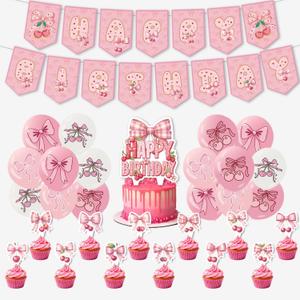 2 x Pink Bow Cherry Birthday Party Decorations Supplies Pink Bow Basketball Party Decorations Includes Happy Birthday Banner Balloons Cake Toppers Cupcake Toppers for Girls