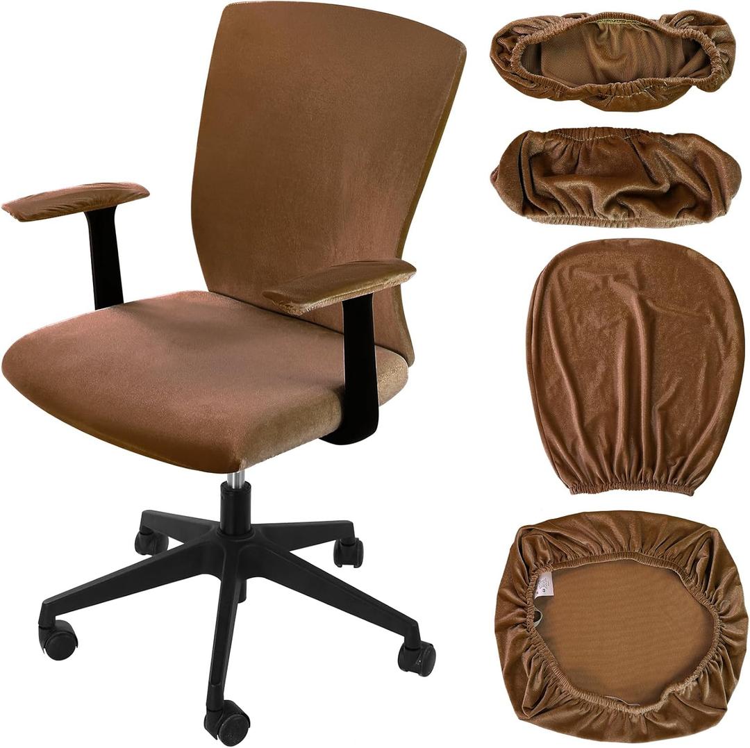 Tallew 4 Pcs Office Chair Covers Set Computer Universal Protective Stretchable Chair Seat Covers Desk Armrest Slipcovers Pads Office Cushion Backrest for Rotating(Brown)