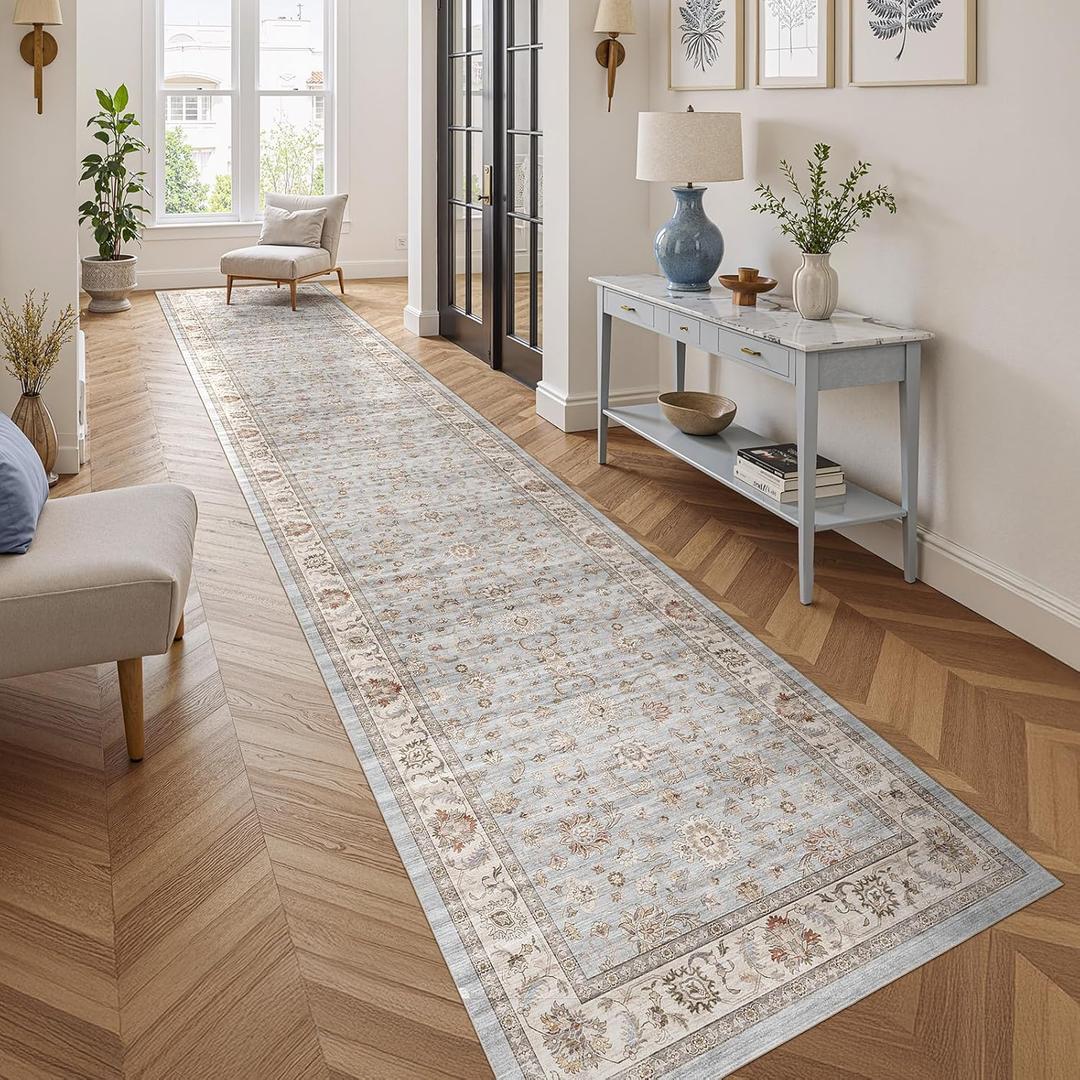WITSHOCK 3x14 Runner Rugs for Hallway : Machine Washable Non Slip Vintage Carpet - Low Pile Lightweight Print Rug for Kitchen Laundry Room Bedroom Beside Rug - Pet & Kids Friendly (Light Blue)