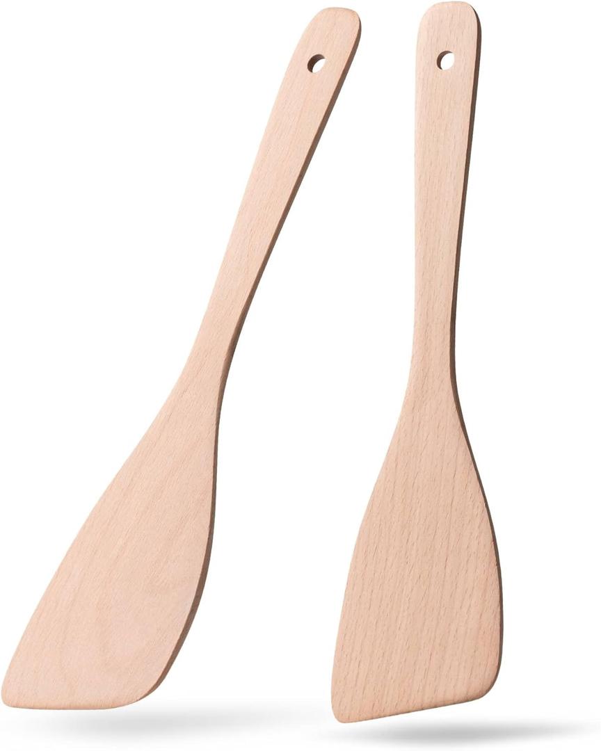 2PCS Wooden Spatulas for Cooking,12.8inch Uncoated Beech Wood Turners for Frying,Non-Scratch Wood Bevel Spurtle for Pan & Wok,Wooden Cooking Utensils for Non Stick Cookware,Long Handle Scraper (Thin 12.8" Angled Edge)