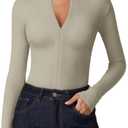 QINSEN Long Sleeve Shirts for Women V Neck Half Zipper Ribbed Knit Going Out Tops Full Length Basic Tee, S