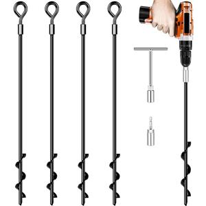 Ground Anchors 24 Screw in Heavy Duty Ground Anchors,Tent Stakes for Camping Tent, Trampoline, Canopies, Carports, Sheds, Swing Sets, Black Anti-Rust Coating for High Wind (4 x 24)