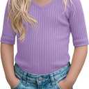Toddler Girls Short Sleeve Shirt Cotton Ribbed Slim Fit V Neck Elbow Length Casual Soft Basic Top Kids Summer Tee