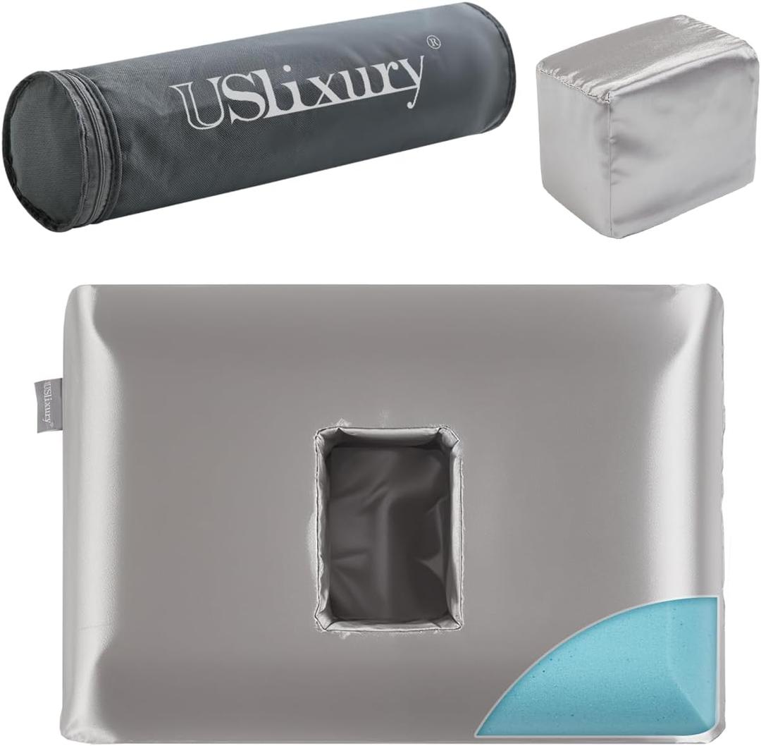 USlixury Ear Piercing Pillow with Foam Plug, Ear Plilow with Off Center and 4.7"X3.2" Ear Hole, Soft CertiPUR-US Memory Foam, Piercing Plilow for Side Sleepers, Satin, Grey, 16"X11"X4''