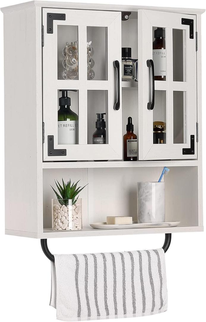 RUSTOWN Wood Wall Storage Cabinet with Cross Glass Doors, Farmhouse Wall Mounted, 3 Tier Rustic Cabinet with Adjustable Shelves and Towel Bar for Bathroom, Living Room, Vintage White