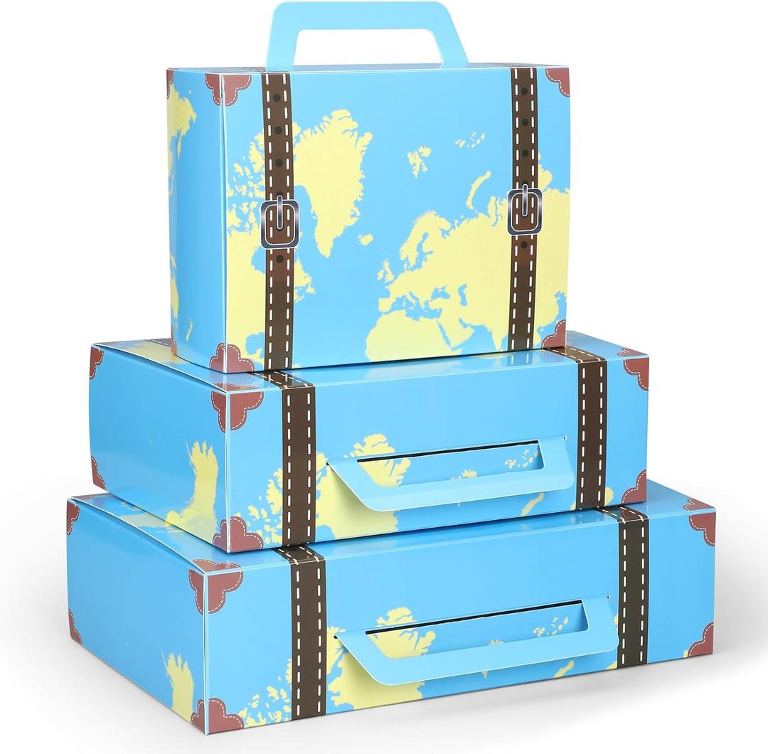 6 Pcs Large Vintage Travel Suitcase Box Travel Party Decorations Paperboard Suitcases Gift Box Decorative Set of 3 Small Stackable Storage Chests Decor for Themed Party Favors (Map,Blue)