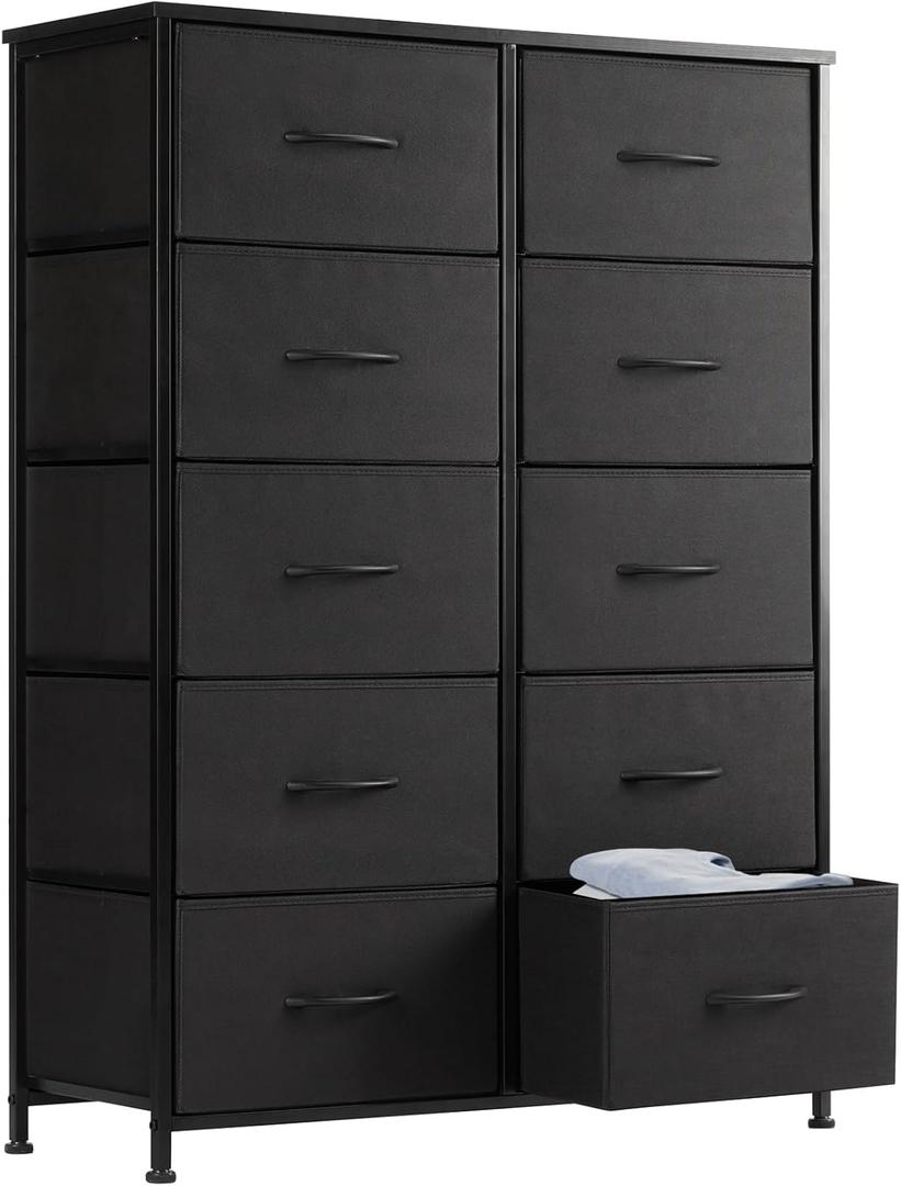 Sweetcrispy Dresser, Tall Dresser for Bedroom, Drawer Dresser Organizer Storage Drawers with 10 Drawers, Chest of Drawers with Fabric Bin, Steel Frame, Wood Top for Bedroom, Closet, Entryway (31.5"D x 11.8"W x 45.7"H (10 Drawers), Black)