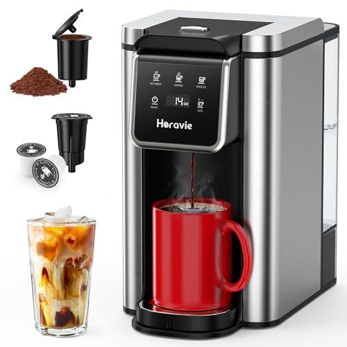 Horavie Single Serve Coffee Maker for K-Cups & Grounds, Hot & Iced Coffee Maker, Strong Button Feature, 6 to 14oz Brew Sizes, 50oz Removable Reservoir, Fit 6.5" Mugs, Stainless Steel, Black
