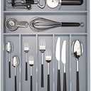 Utensil Organizer Silverware Drawer Organizer - 7 Slots Bamboo Utensil Tray Multifunctional Small Silverware Organizer for Kitchen Utensils, Garage Tools, Makeup Storage W13”x L17” (Grey)