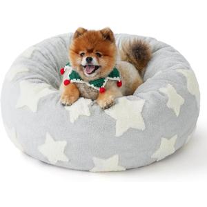 LE SURE Shown on TV Donut Medium Dog Bed - Round Cat Beds for Indoor Cats Calming Bed Gift for Pets, Cute Modern Beds with Jacquard Shaggy Plush & Anti Slip Bottom, 30 Inch, Ice Melt (Bow Ice Blue)