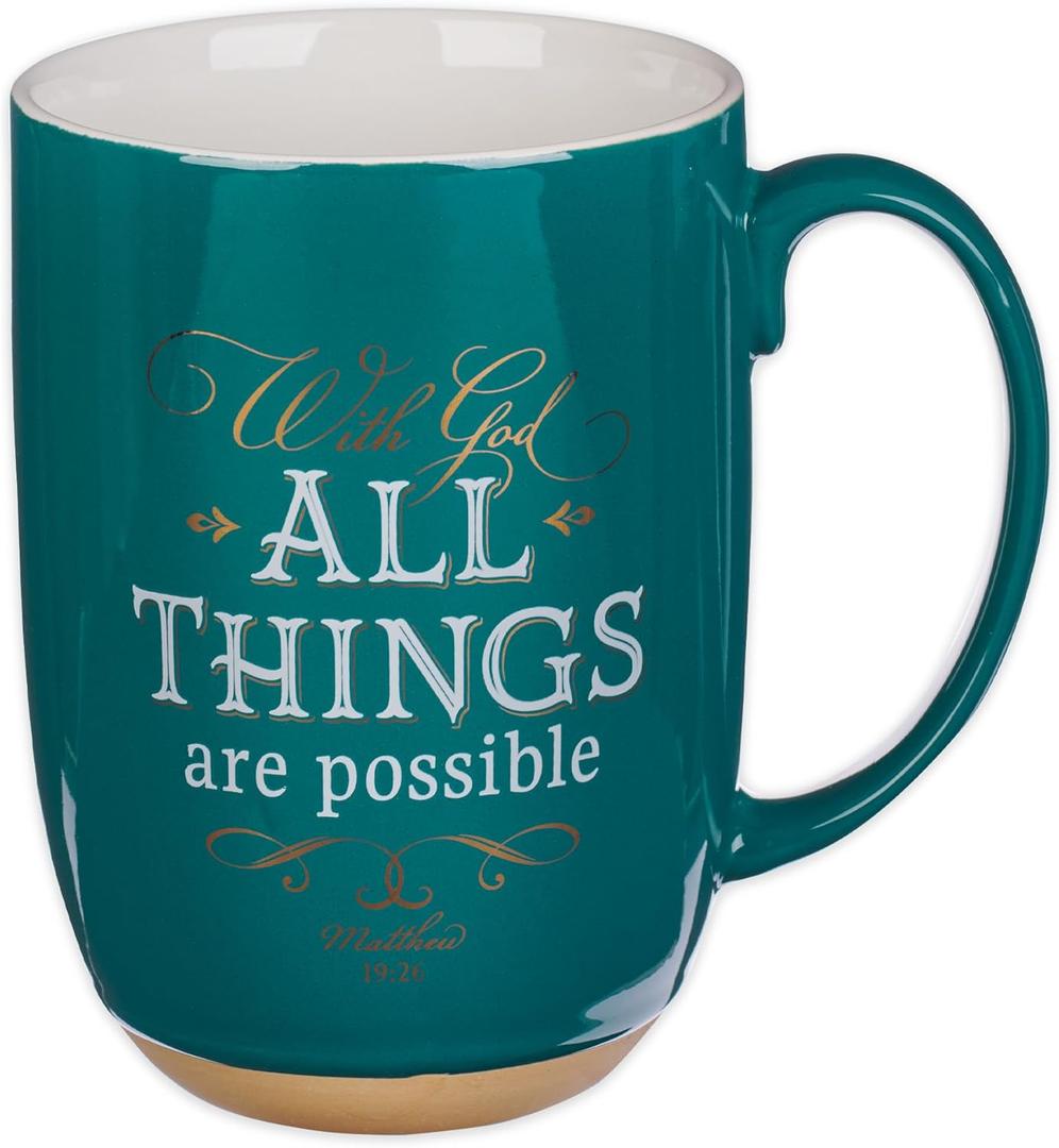 Christian Art Gifts Green Clay Base Ceramic Coffee Mug 15 oz. Lead and Cadmium-free Inspirational Scripture Coffee & Tea Mug for Men and Women with Bible Verse: All Things are PossibleMatthew 19:26