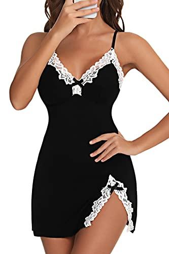 Aranmei Women Sexy Lace Chemise Nightgown Sleepwear V Neck Full Slip Babydoll Lingerie Sleep Dress(Black Medium)