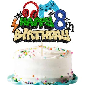 Gyufise 1Pcs Video Game Happy 8th Birthday Cake Topper Glitter Video Game Cake Pick Game On Controllers Tenth Cheers to 8 Years Cake Decoration for Boys 8th Birthday Party Supplies