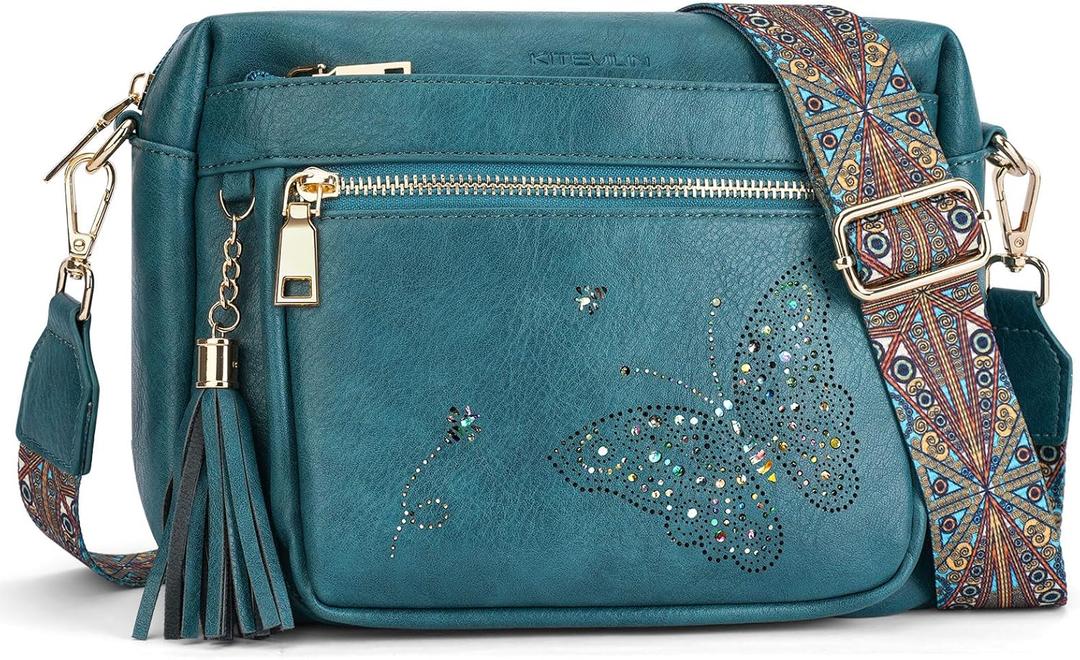 Crossbody Bags for Women Trendy Leather Crossbody Purse Shoulder Handbags Butterfly Design (07-peacock Blue)