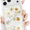 for iPhone 17 Pro Max Clear Case Boasting Pressed Natural Flowers Pattern, Cute Glitter White Floral Pattern Slim Soft TPU Protective Women Girl's Phone Cover 6.9Inch,