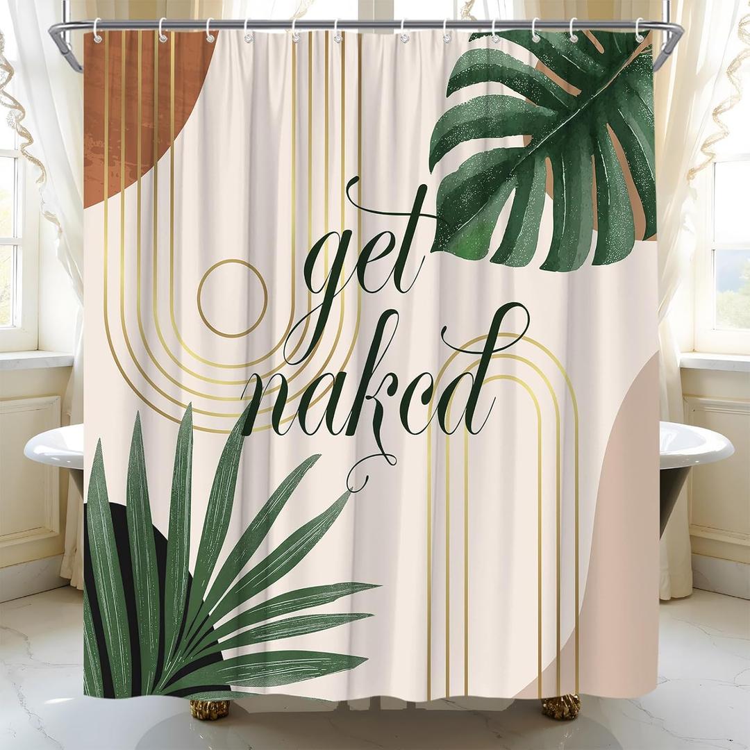 Mid Century Boho Shower Curtain Green Leaves Plant Simple Arch Modern Art Bathroom Home Decor(70 '' Wx70 '' L)