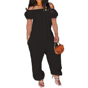 MESLIMA Women's Loose Fit Elastic Off Shoulder Beam Foot Long Sleeve Jumpsuit Rompers with Pockets Plus Size (Gray, XXXL)