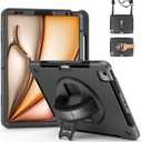 Junfire Protective Case for iPad Air 13-inch Case M4/M3/M2(2026/2025/2024), Shockproof Rugged iPad Air 13 Case with 360Rotating Kickstand/Hand Strap/Shoulder Strap/Stylus Holder-Black