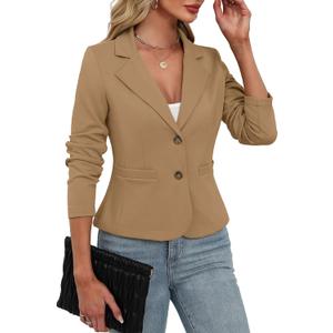 ELLEVEN Women's Casual Stretchy Knit Blazer,Lightweight Slim Fit Jackets Long Sleeve Business Suit with Pockets (Large, Deep Khaki)