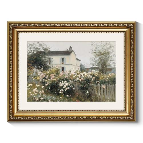 ARPEOTCY Vintage Cottage Garden Wall Art, Framed Floral House Painting Print, French Country Style Home Décor, 14x11 Inch Countryside Landscape Picture for Living Room, Bedroom, Hallway, Missing Parts