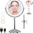 Omobolanle 8" Lighted Makeup Mirror, 10X Magnifying Mirror with Light 360 Rotation Double Sided Mirror with 3 Color Lights Brightness & Height Adjustable Rechargeable LED Light Up Mirrors Silver