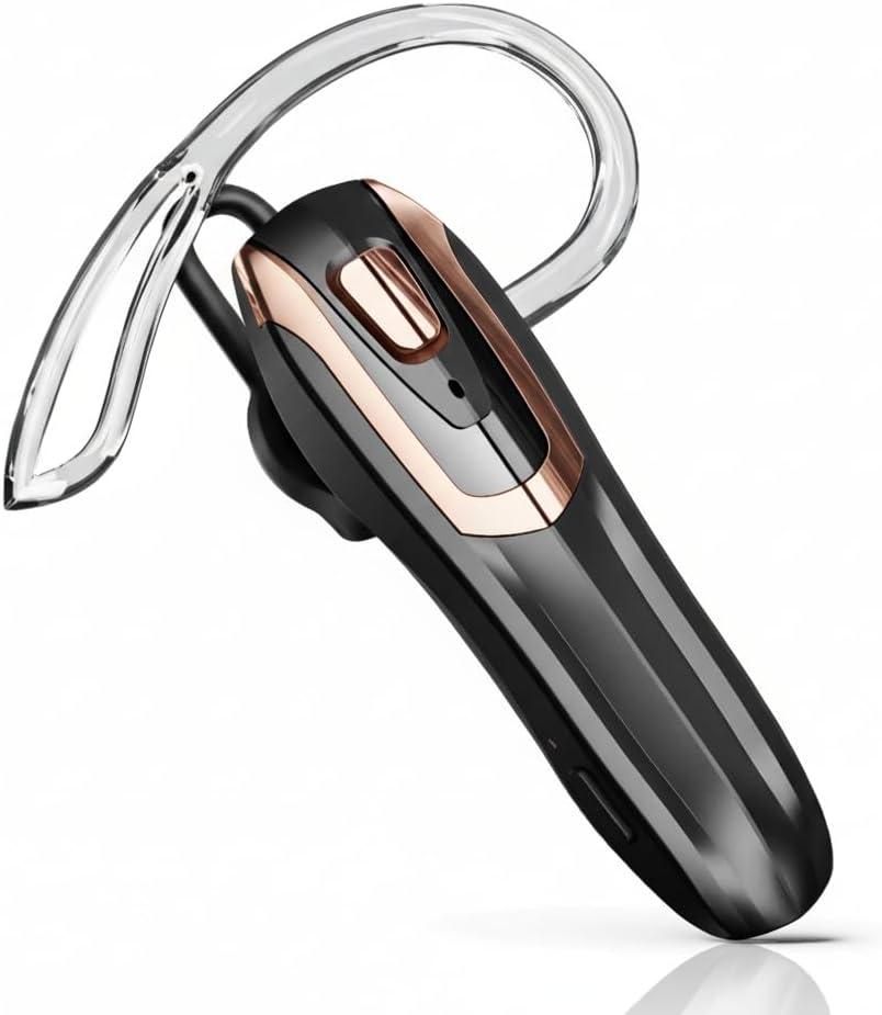 Bluetooth Earpiece Headset V6.0 with Noise Cancelling & 38 Hours Talk Time – Trucker Handsfree Earpiece, Dual Device Pairing, Single Ear Wireless Headphone for Cell Phone (Black With Gold Frame)