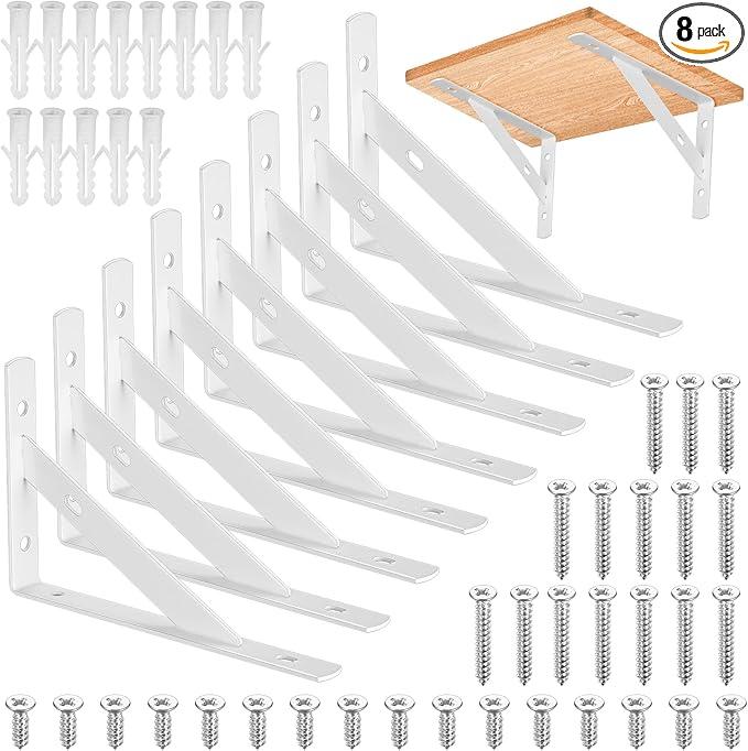 8 Pcs Heavy Duty Floating Metal Shelf Brackets, L Shaped Wall Mount Shelves Support Angle Brackets (3.7 x 6 inch White)