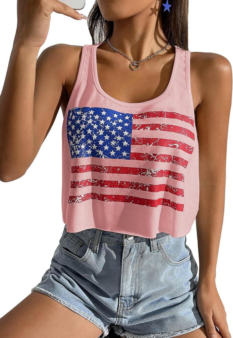 Women's 4th of July Outfits USA Shirt Patriotic Tank American Flag Crop Top (XS)