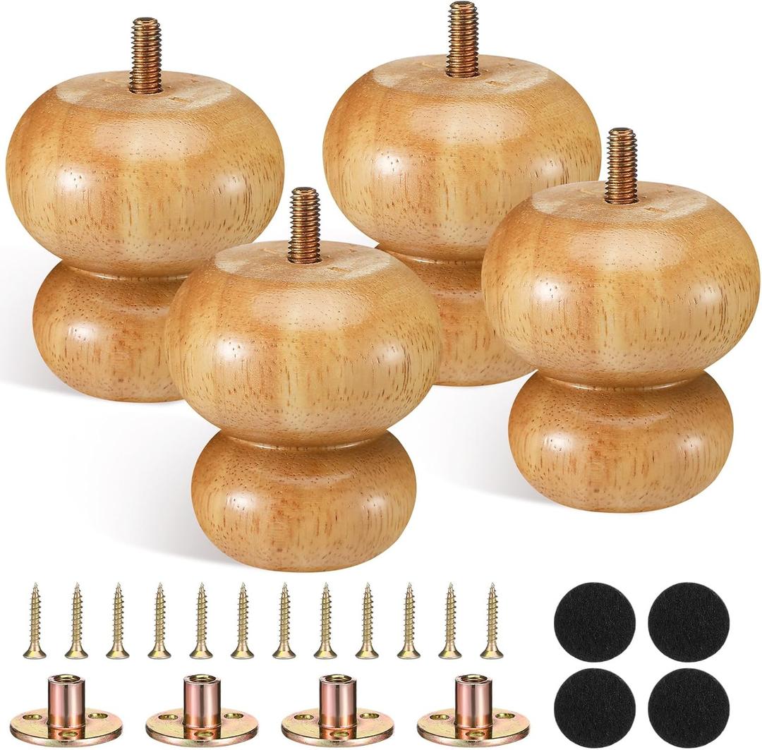 3 Inch Wood Furniture Legs Set of 4 Rubber Wood Couch Legs Round Furniture Replacement Mid Century Bun Feet for Desk Dresser Sofa Cabinet Ottoman Chair and Bed(Natural)