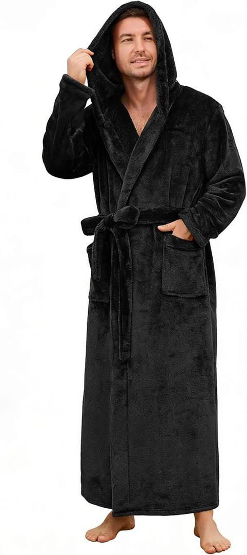 Mens Robe with Hooded, Full Length Thickened Plush Robe Big and Tall Bathrobe
,L/XL