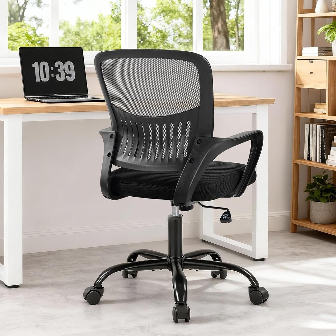 Sweetcrispy Home Office Managerial Executive Chair, Ergonomic Mesh Adjustable Swivel Mid-Back Computer Desk Chair with Comfortable Lumbar Support, Comfy Arms for Bedroom,Study (Black)